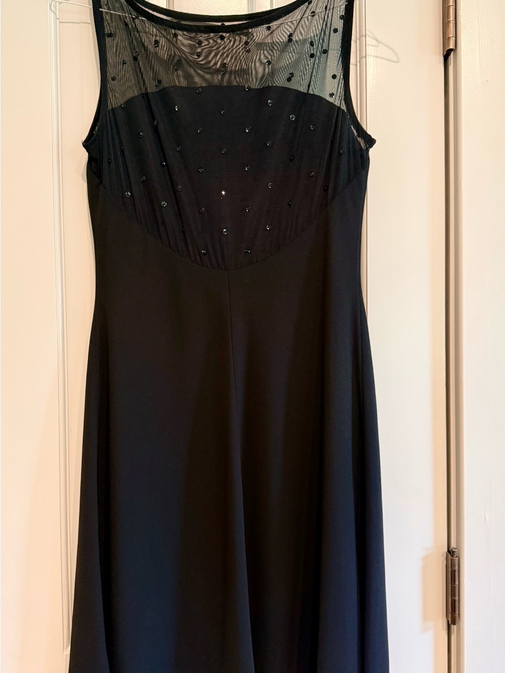 Ann Taylor Classic Black Sleeveless Evening Dress with Sheer Embellished Yoke